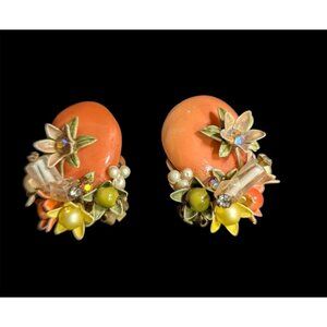 Vintage Floral Clip On Earrings  Orange Beads Filigree  Rhinestones 1.5" MCM ena